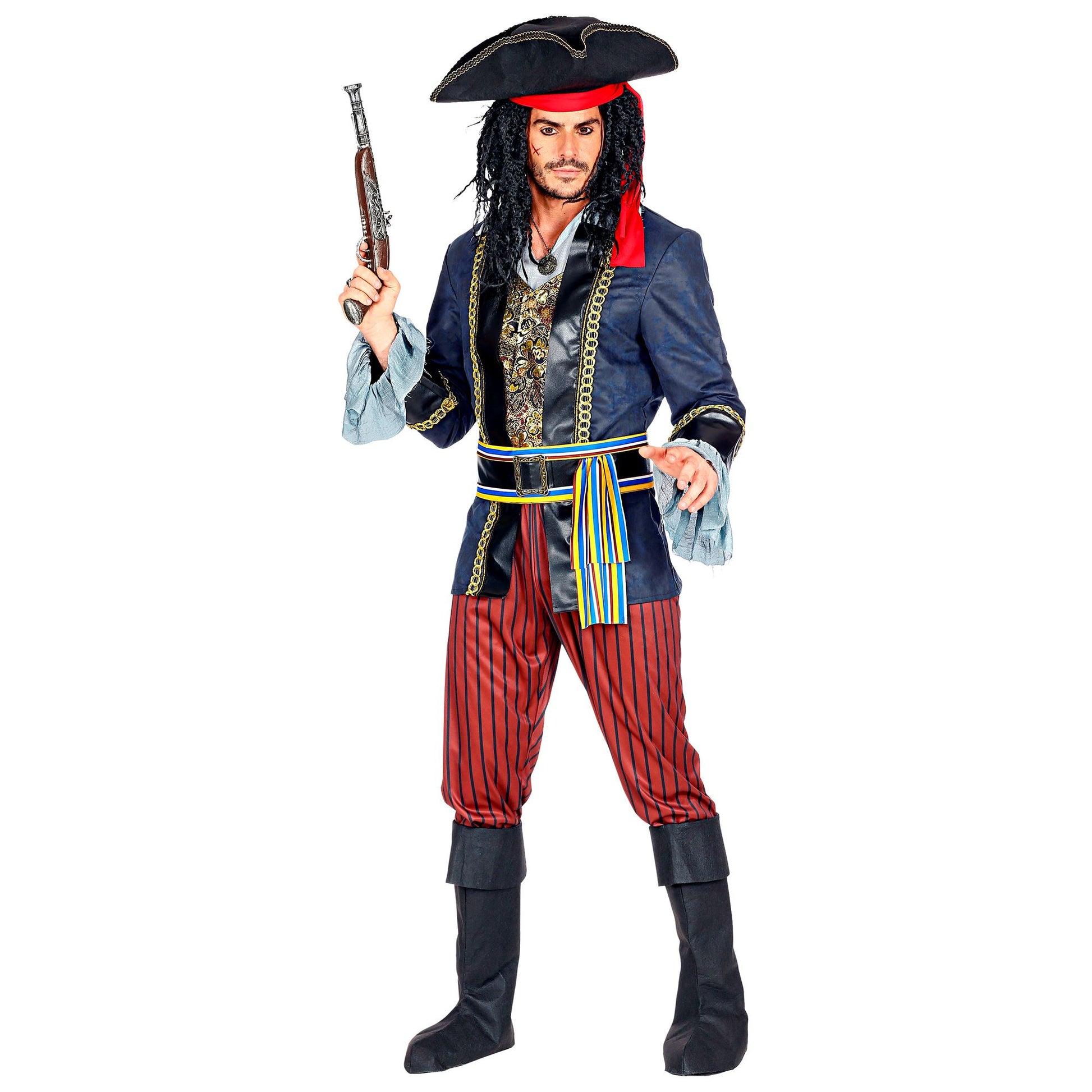 "PIRATENKAPITÄN" (Jacke mit Weste & Hemd, Hose, Gürtel mit Schnalle & Schärpe, Stiefelüberzieher, Hut mit Bandana) – Detailansicht