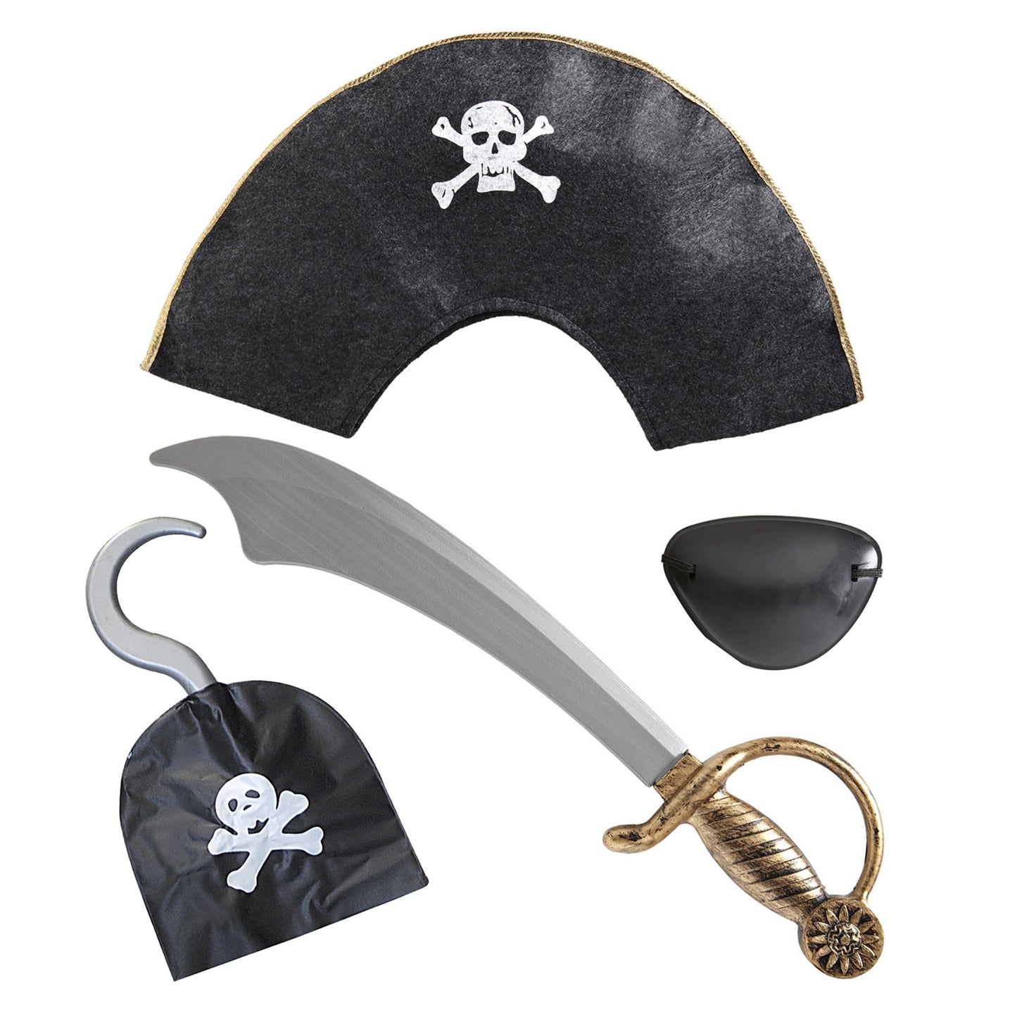 "PIRATENSET" (Hut, Saebel, Augenklappe, Haken) – Vorderansicht