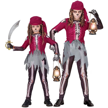 "PIRATENSKELETT" (Hemd mit Korsett und Rock, Leggings, Kopftuch) – Vorderansicht