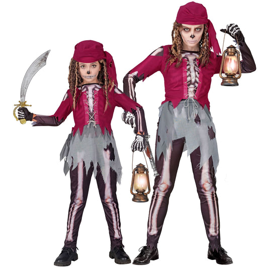 "PIRATENSKELETT" (Hemd mit Korsett und Rock, Leggings, Kopftuch) – Vorderansicht