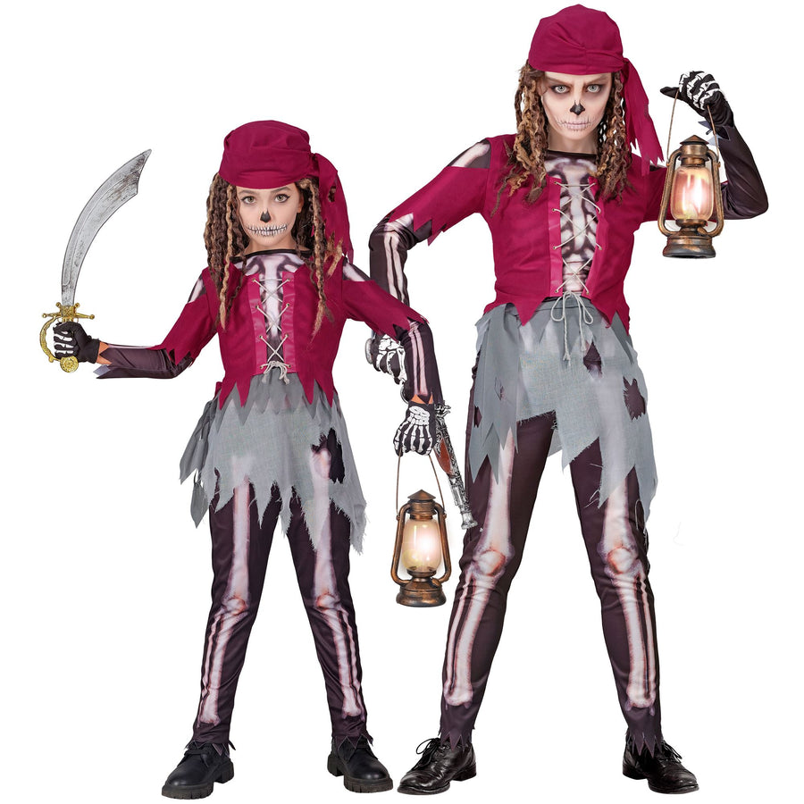 "PIRATENSKELETT" (Hemd mit Korsett und Rock, Leggings, Kopftuch) – Vorderansicht