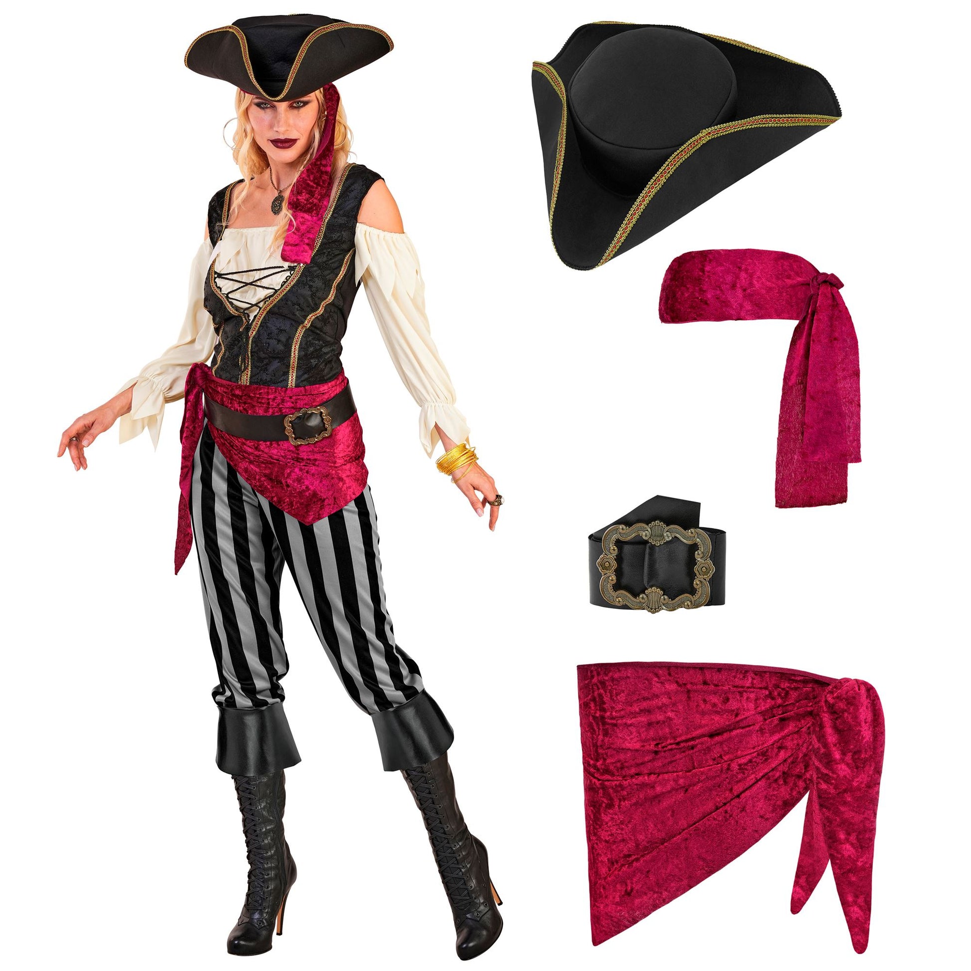 "PIRATIN" (Bluse mit Weste, Hose, Schärpe, Gürtel, Stirnband, Hut) – Detailansicht