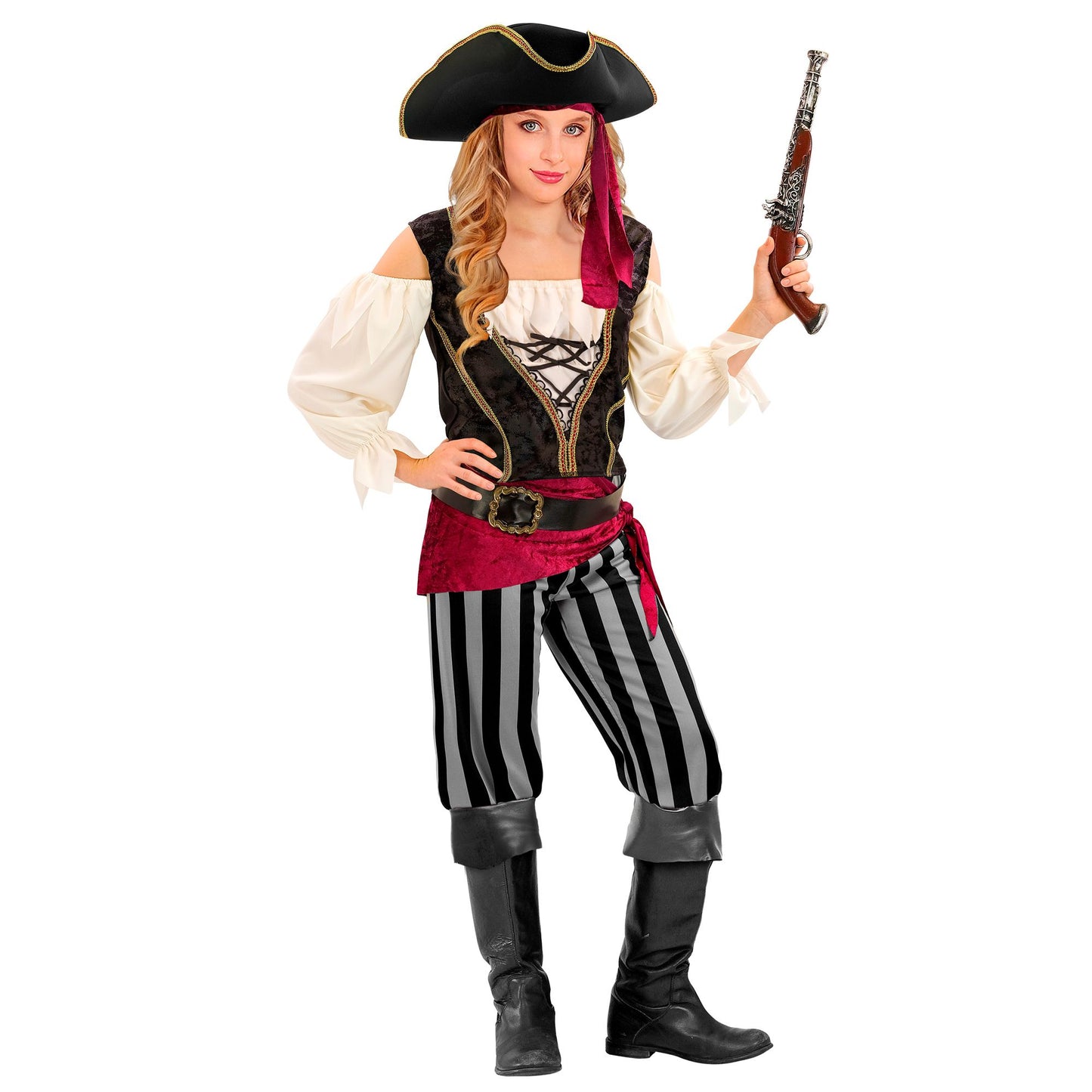 "PIRATIN" (Bluse mit Weste, Hose, Schärpe, Gürtel, Stirnband, Hut) – Vorderansicht