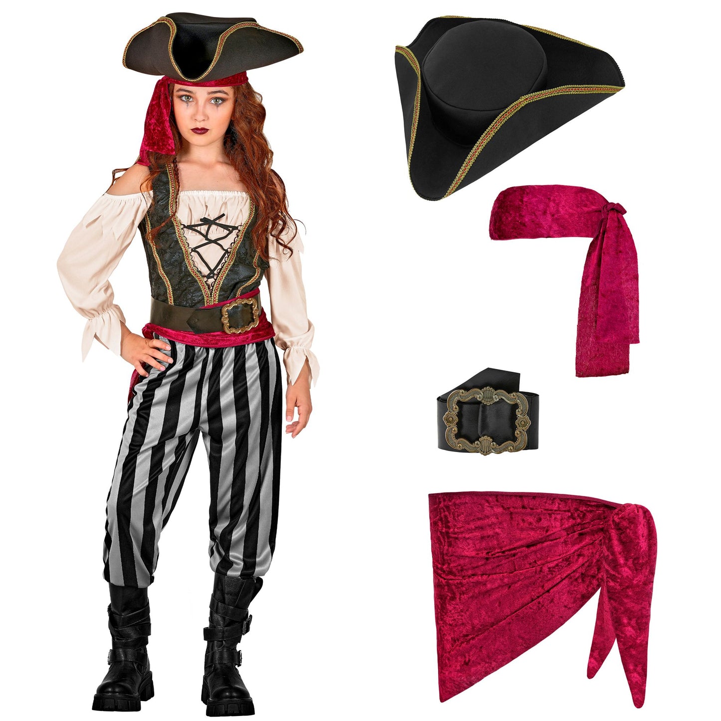 "PIRATIN" (Bluse mit Weste, Hose, Schärpe, Gürtel, Stirnband, Hut) – Detailansicht