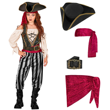 "PIRATIN" (Bluse mit Weste, Hose, Schärpe, Gürtel, Stirnband, Hut) – Detailansicht
