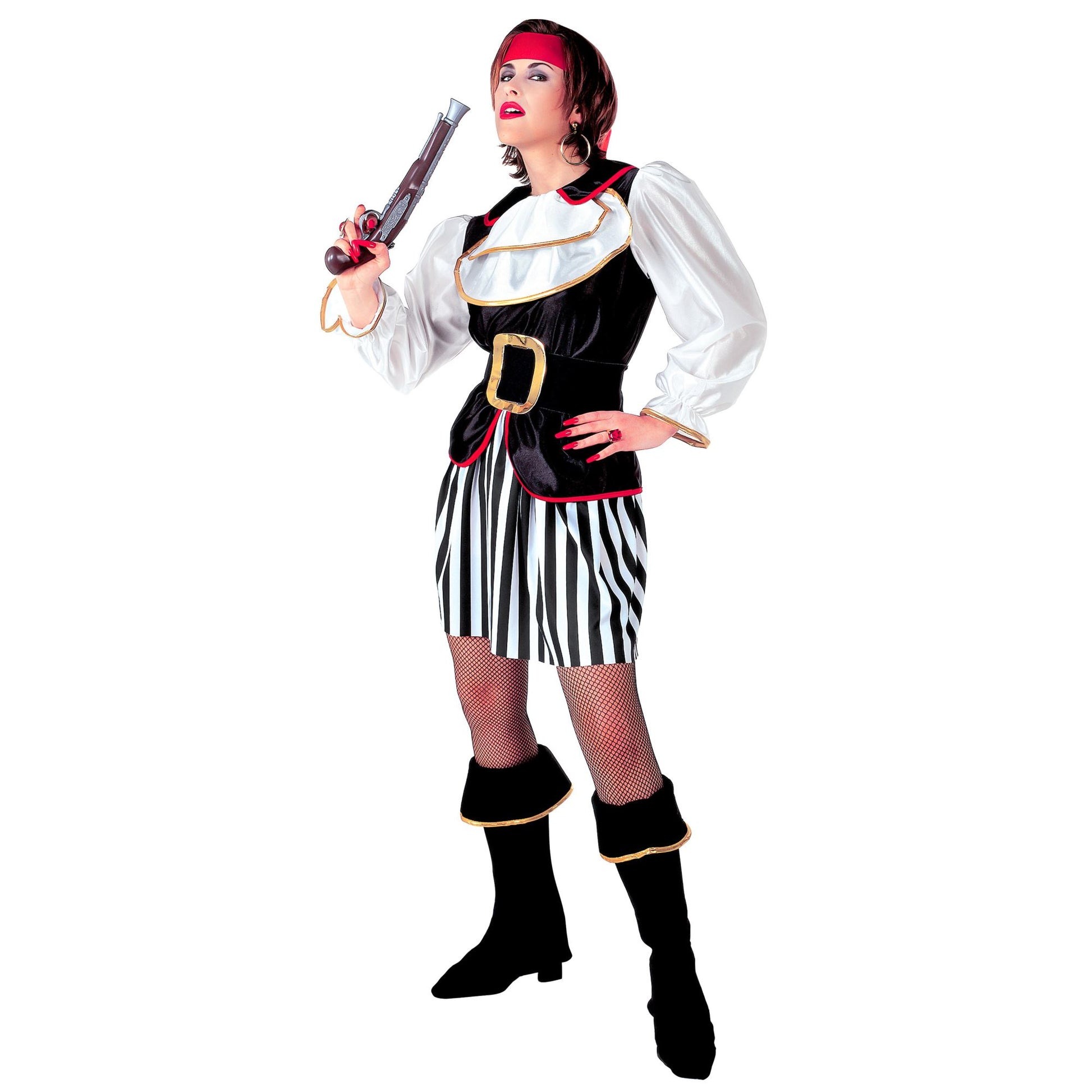 "PIRATIN" (Kasack mit Jabot, Rock, Gürtel, Stiefelüberzieher, Haarband) – Vorderansicht