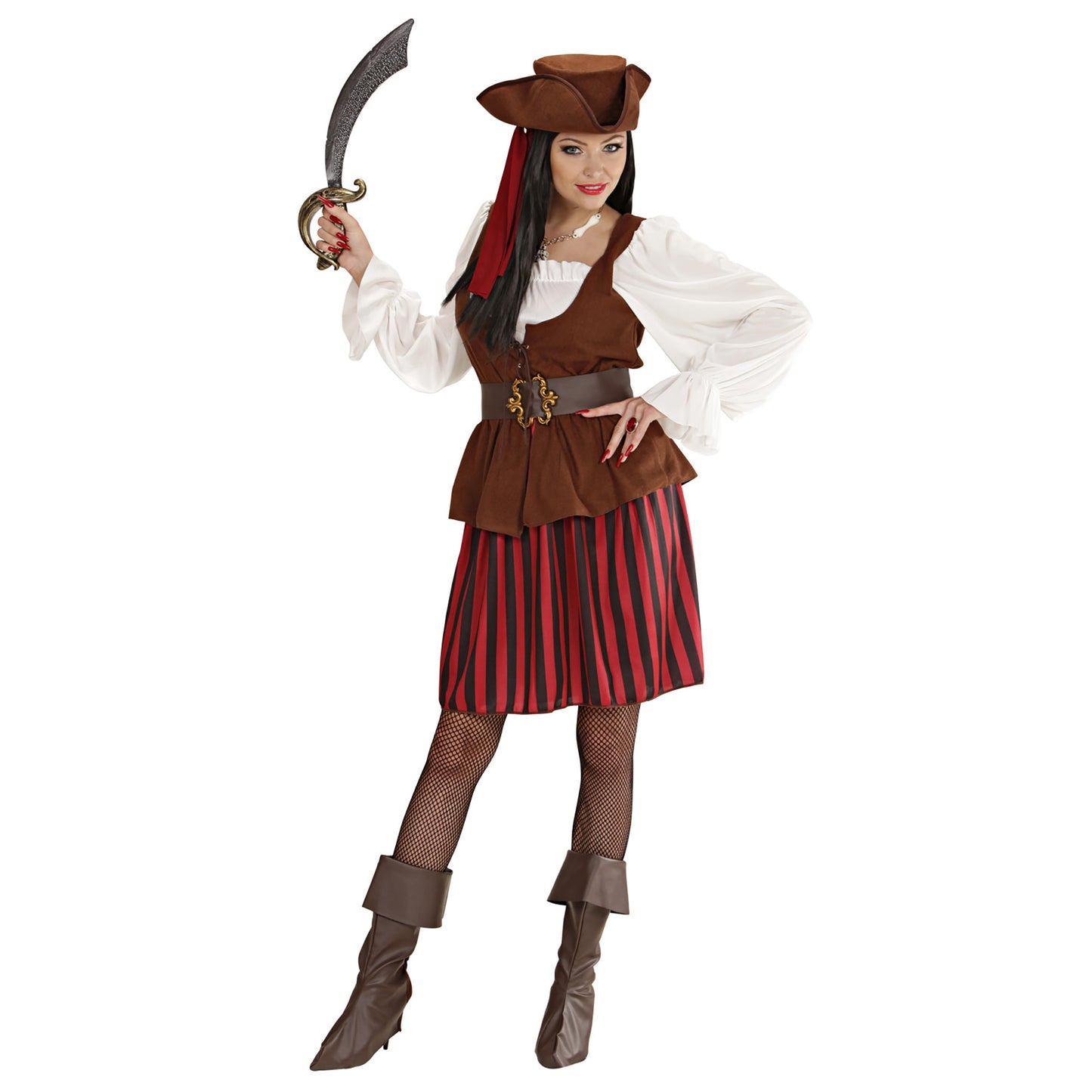 "PIRATIN" (Kleid mit Weste, Gürtel, Stiefelüberzieher, Stirnband, Hut) – Vorderansicht
