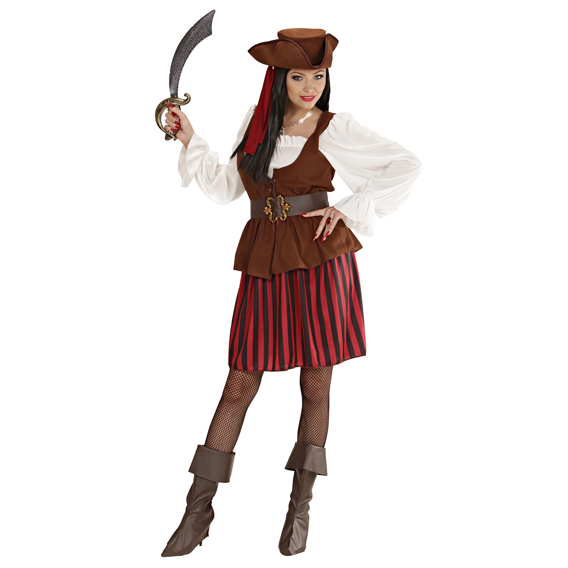 "PIRATIN" (Kleid mit Weste, Gürtel, Stiefelüberzieher, Stirnband, Hut) – Vorderansicht