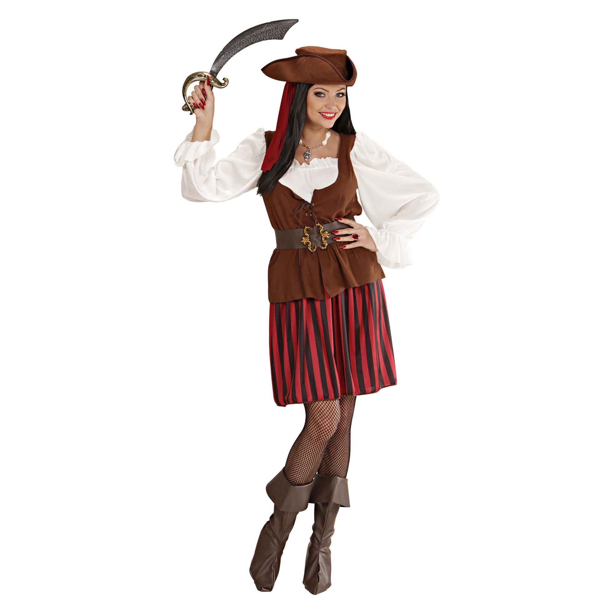 "PIRATIN" (Kleid mit Weste, Gürtel, Stiefelüberzieher, Stirnband, Hut) – Detailansicht