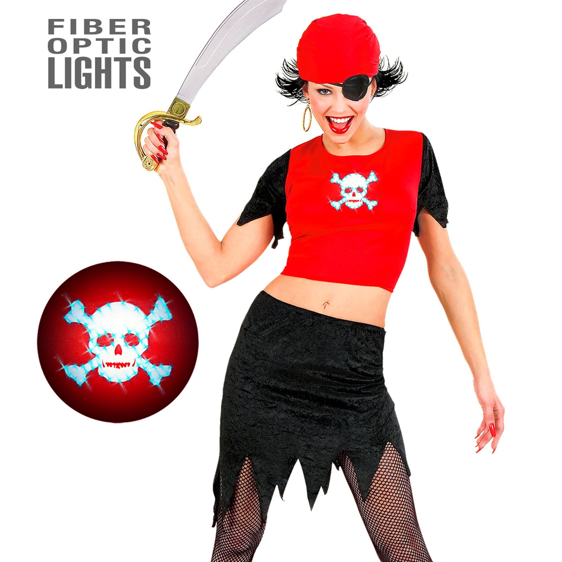 "PIRATIN" (Top mit leuchtendem Totenkopf, Rock, Kopftuch, Augenklappe) – Vorderansicht