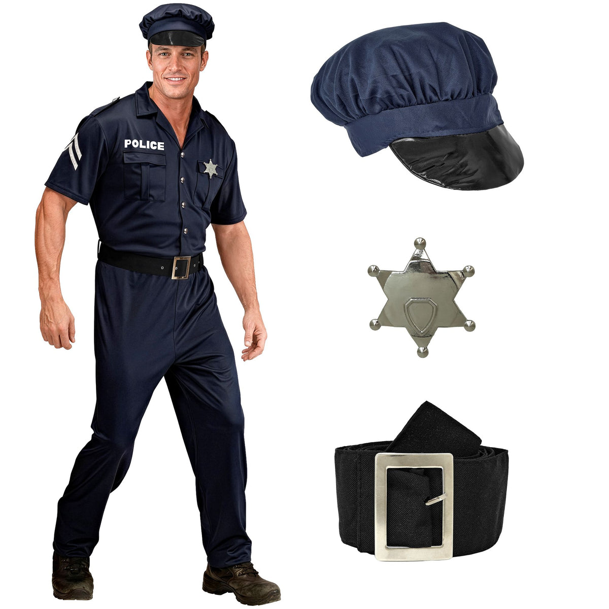 "POLIZIST" (Kostüm, Gürtel, Mütze) – Detailansicht
