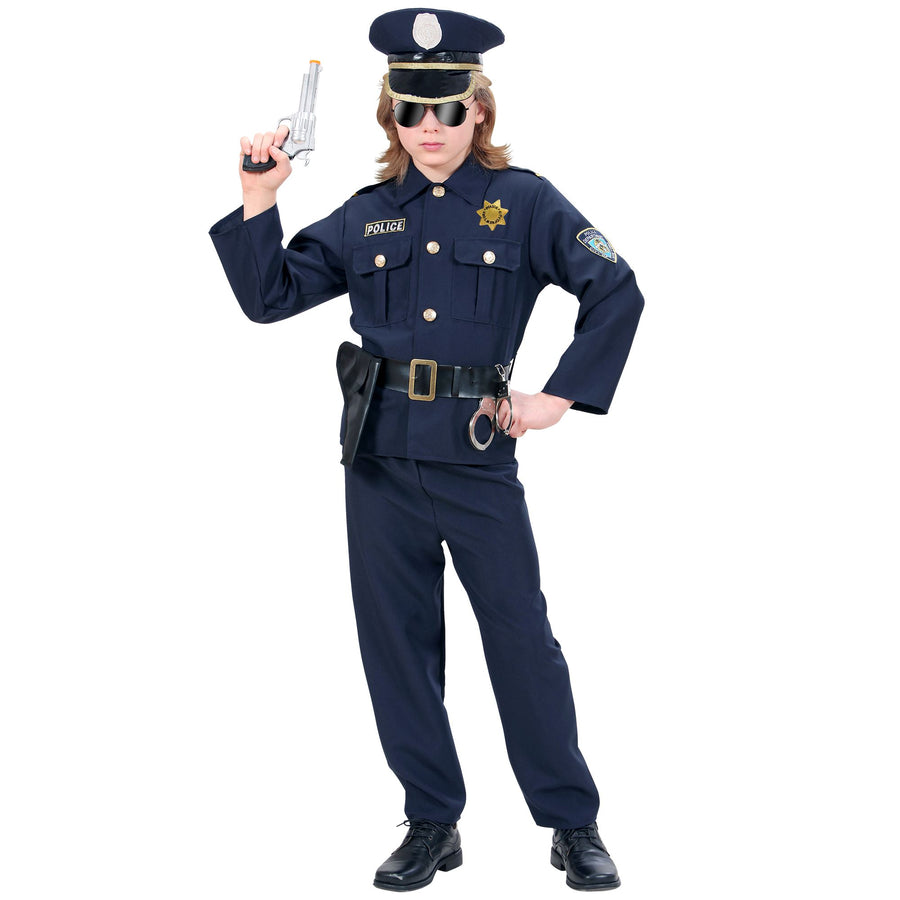 "POLIZIST" (Oberteil, Hose, Gürtel mit Holster, Mütze) – Vorderansicht