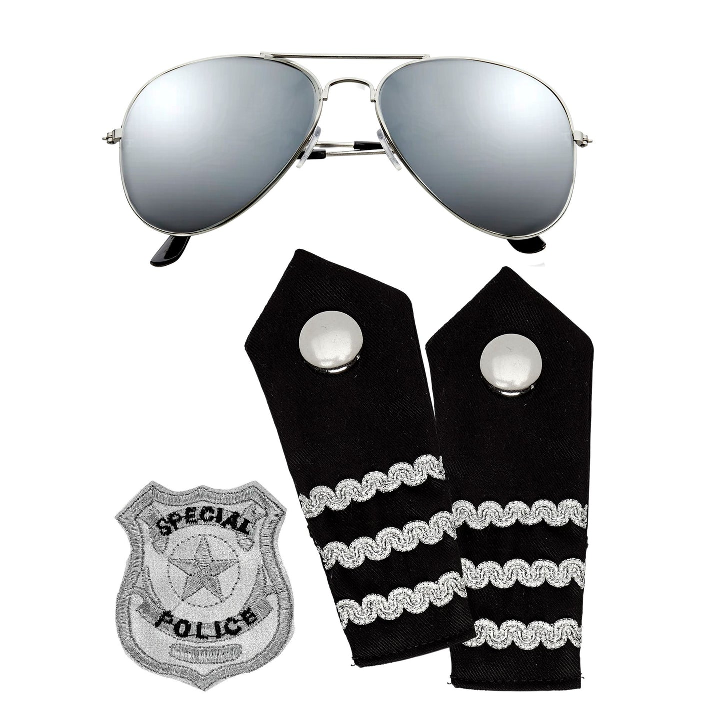 "POLIZISTEN SET" (Sonnenbrille, Schulterklappe, Abzeichen) – Vorderansicht