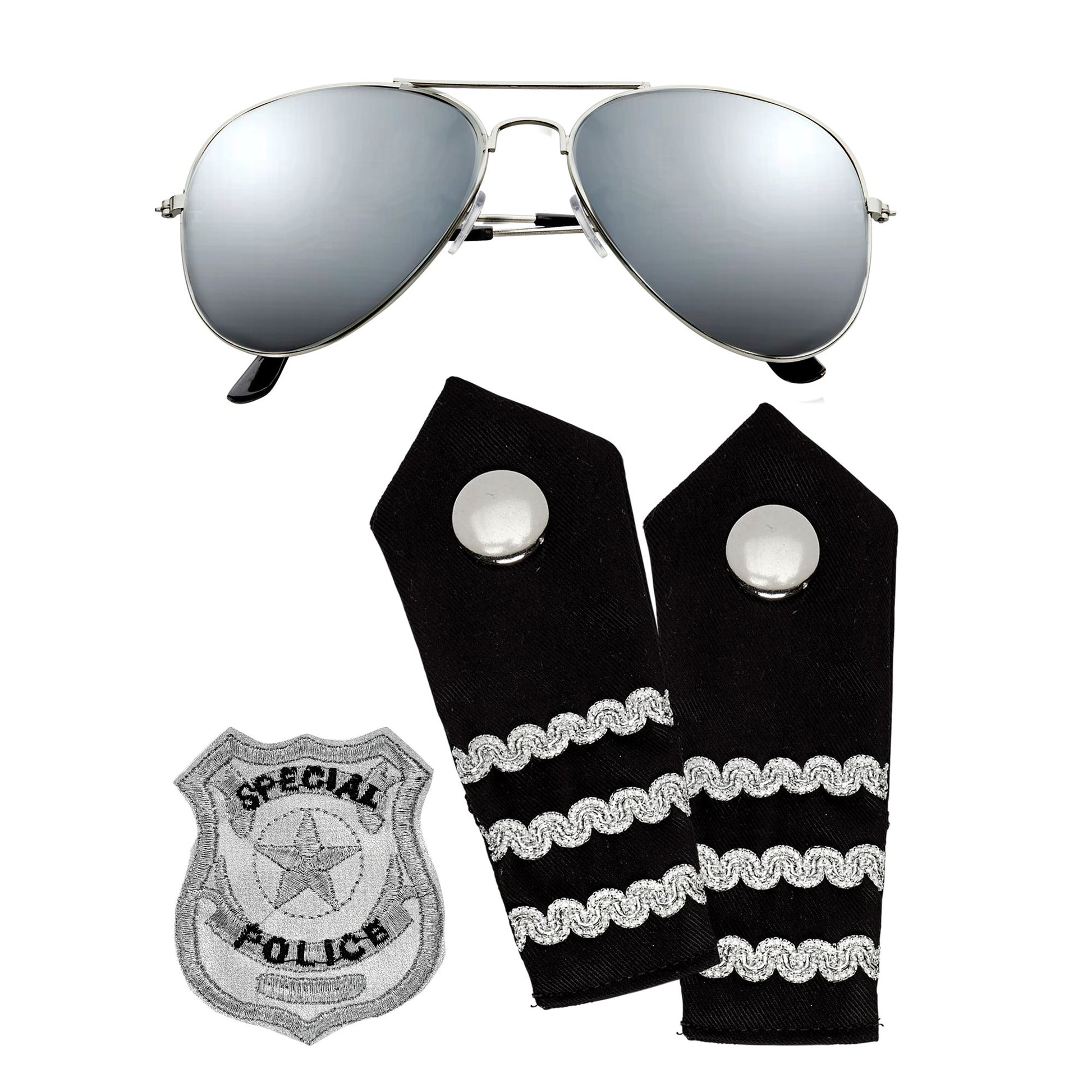 "POLIZISTEN SET" (Sonnenbrille, Schulterklappe, Abzeichen) – Vorderansicht