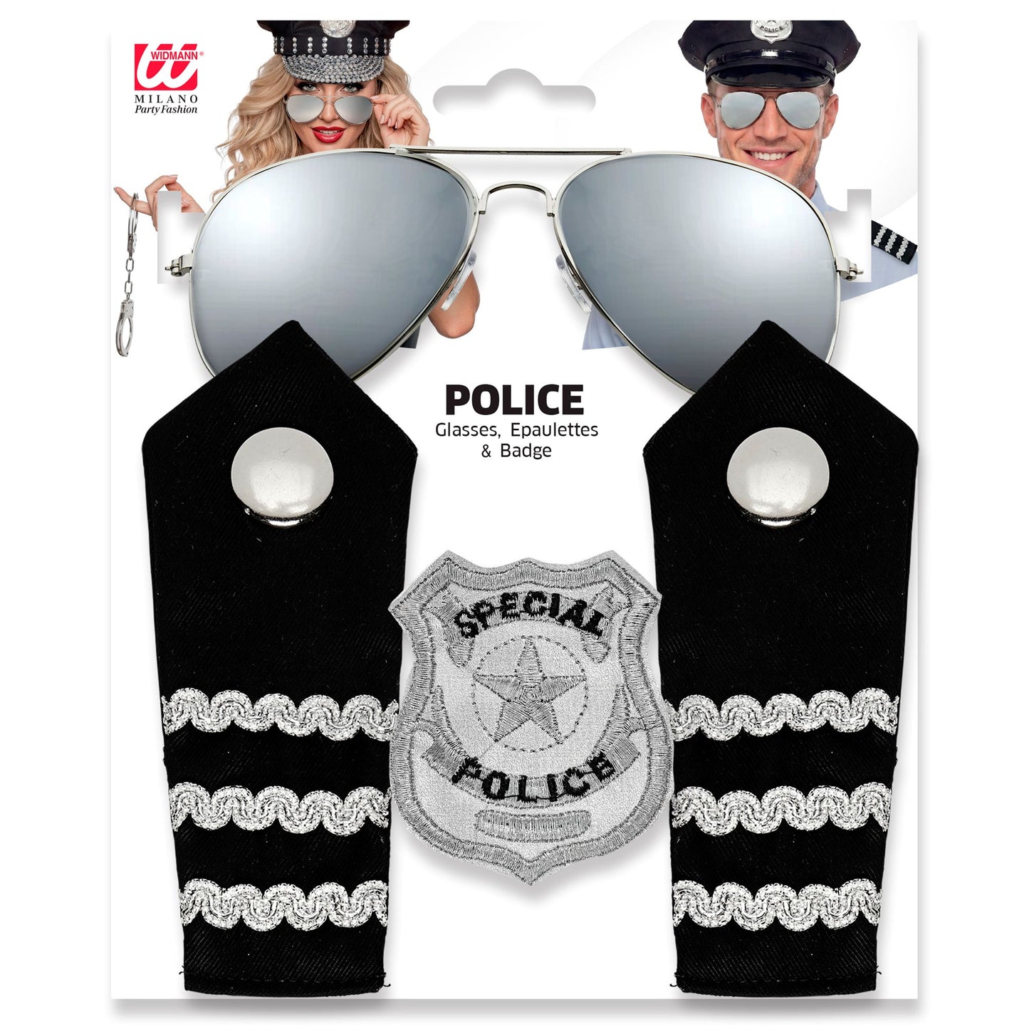 "POLIZISTEN SET" (Sonnenbrille, Schulterklappe, Abzeichen) – Detailansicht