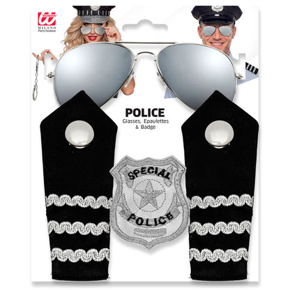 "POLIZISTEN SET" (Sonnenbrille, Schulterklappe, Abzeichen) – Detailansicht