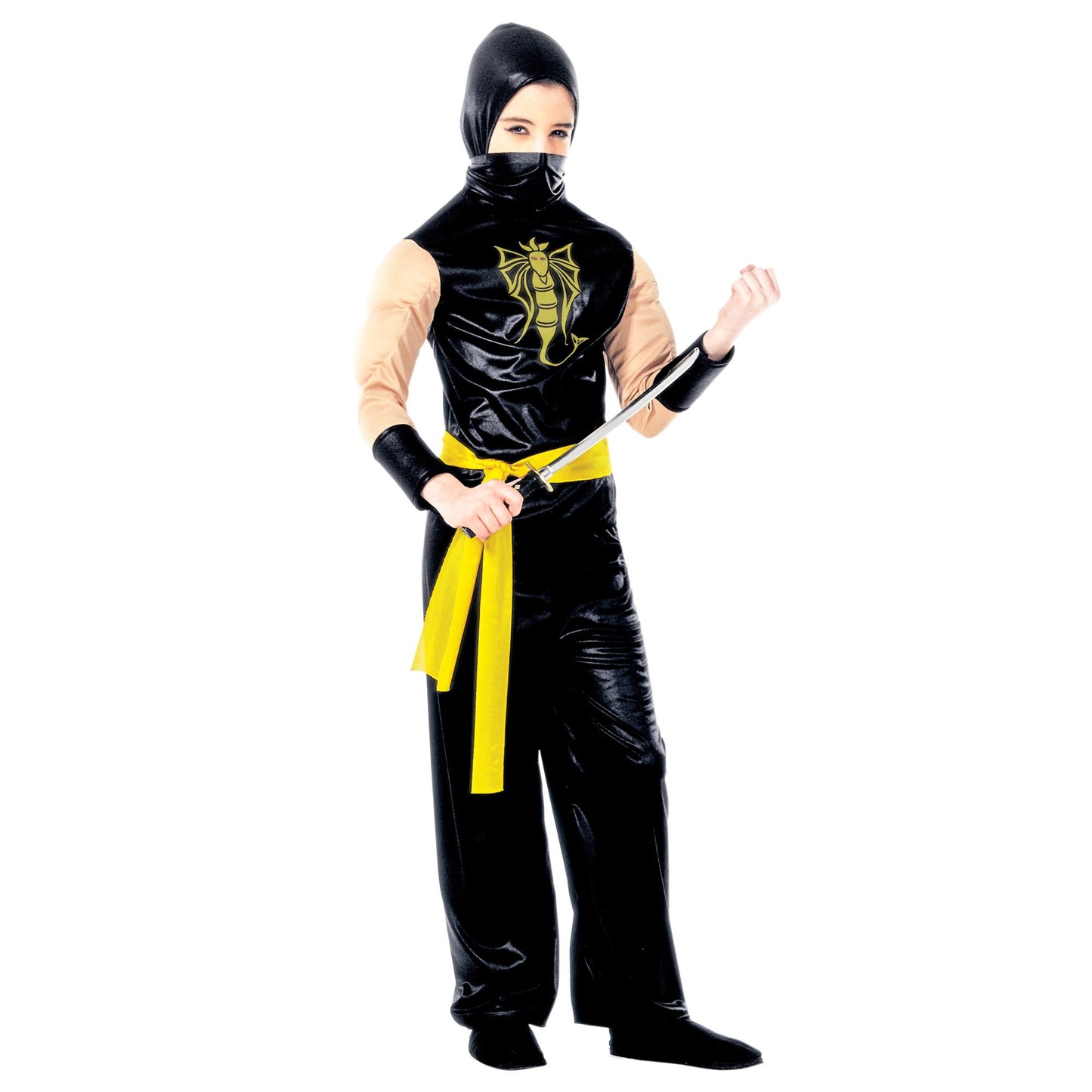 "POWER NINJA" (Oberteil mit Kapuze und muskolösen Armen, Hose, Gürtel) – Vorderansicht