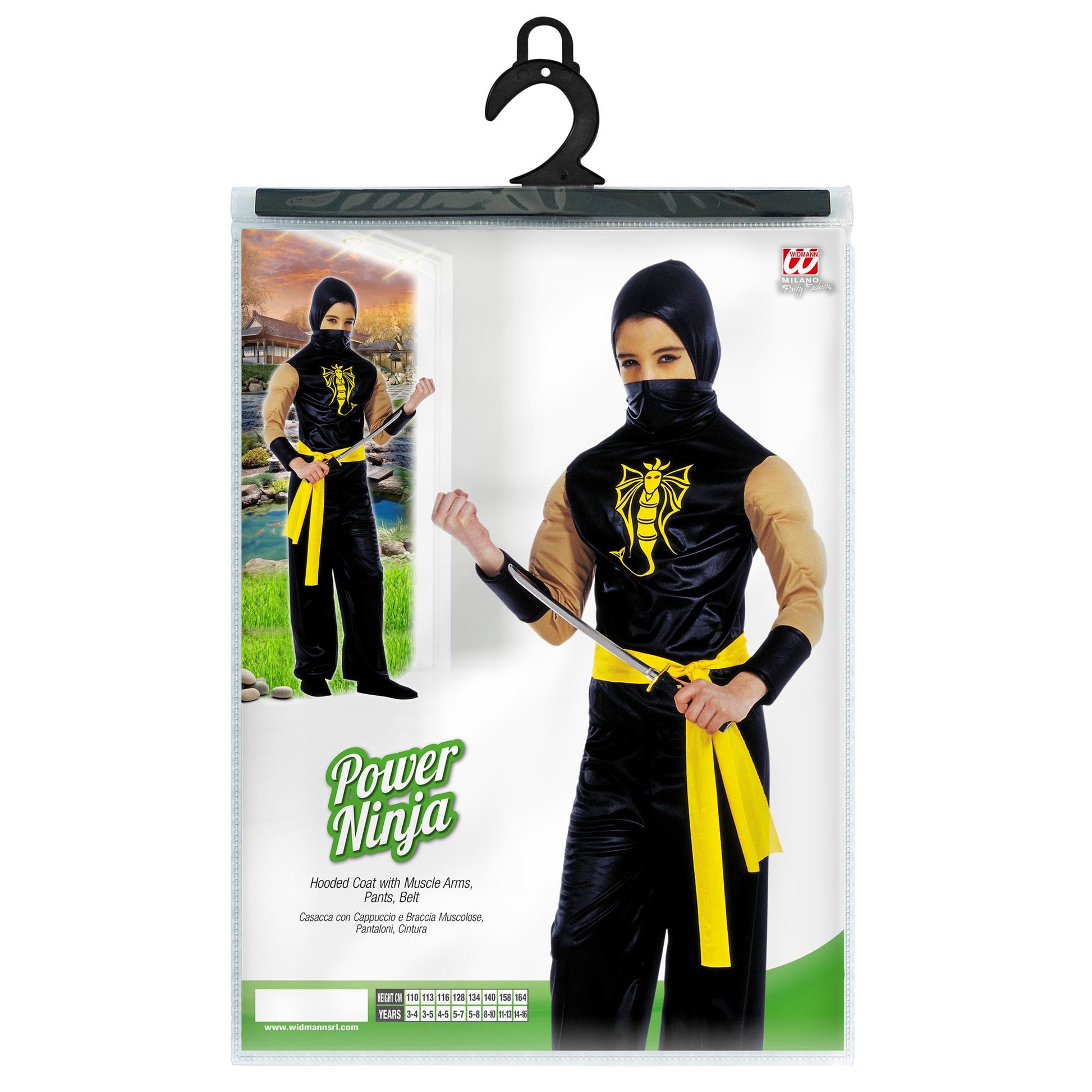 "POWER NINJA" (Oberteil mit Kapuze und muskolösen Armen, Hose, Gürtel) – Detailansicht