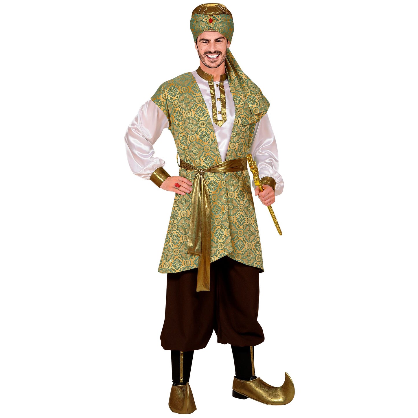 "PRINCE OF PERSIA" (Hemd, Weste aus Brokat, Hose, Gürtel, Schuhüberzieher, Turban) – Vorderansicht