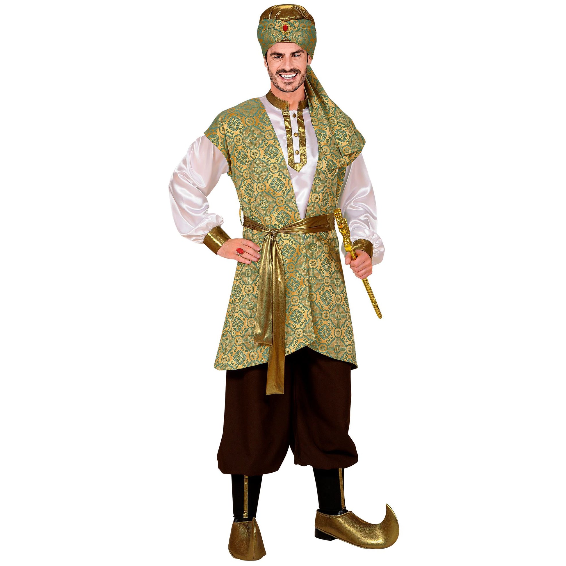 "PRINCE OF PERSIA" (Hemd, Weste aus Brokat, Hose, Gürtel, Schuhüberzieher, Turban) – Vorderansicht