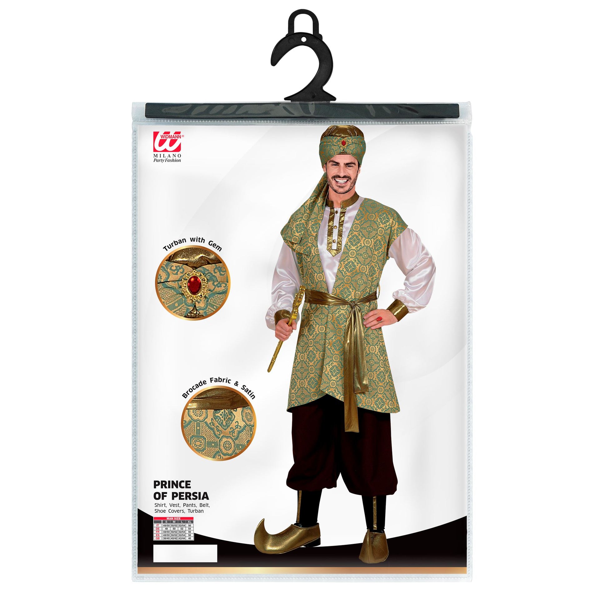 "PRINCE OF PERSIA" (Hemd, Weste aus Brokat, Hose, Gürtel, Schuhüberzieher, Turban) – Detailansicht