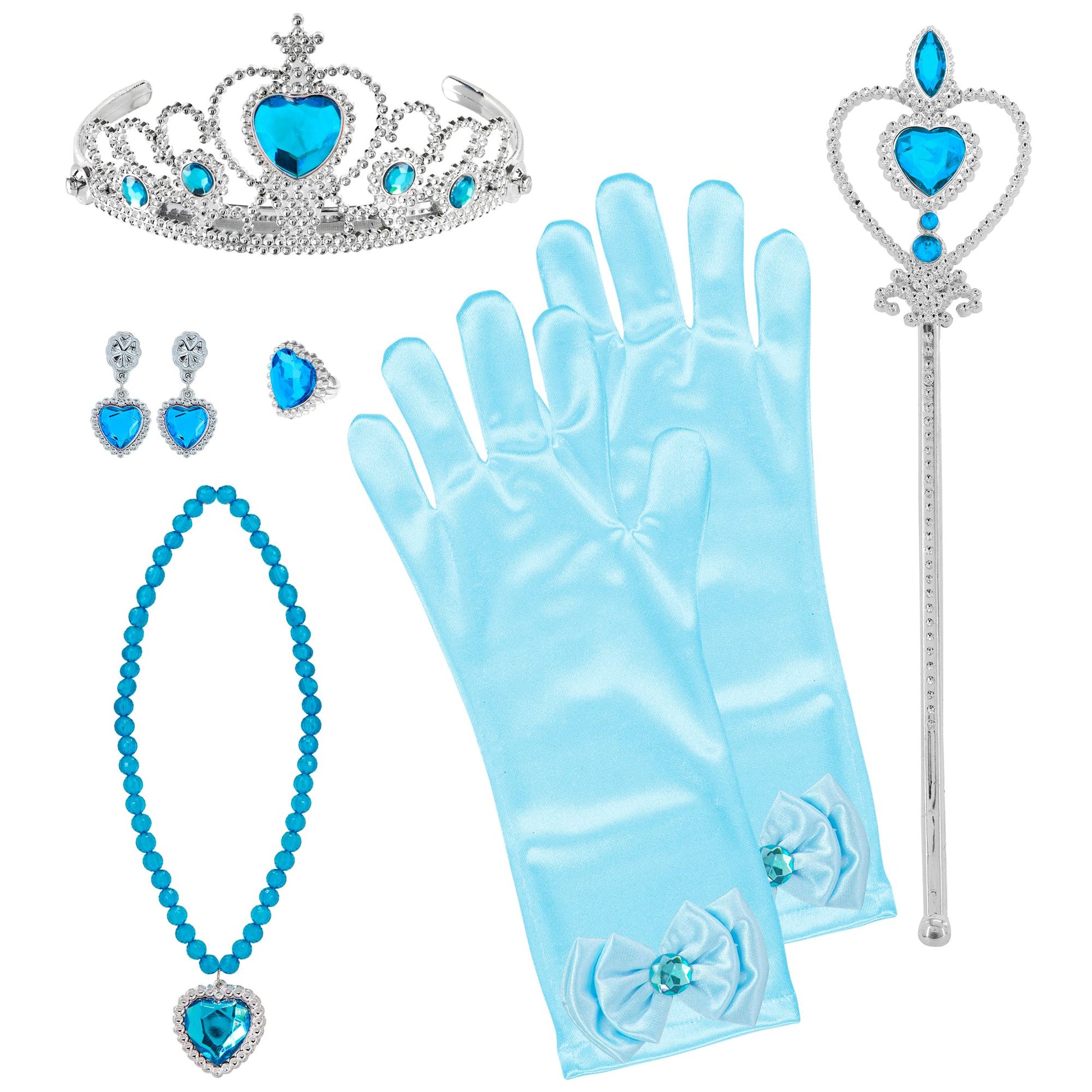 "PRINZESSIN SET (Tiara, Handschuhe, Halskette, Ohrringe, Zauberstab) – Vorderansicht