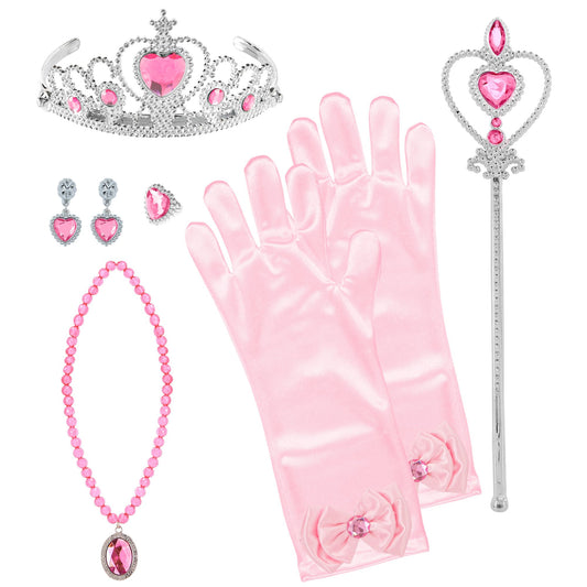 "PRINZESSIN SET (Tiara, Handschuhe, Halskette, Ohrringe, Zauberstab) – Vorderansicht