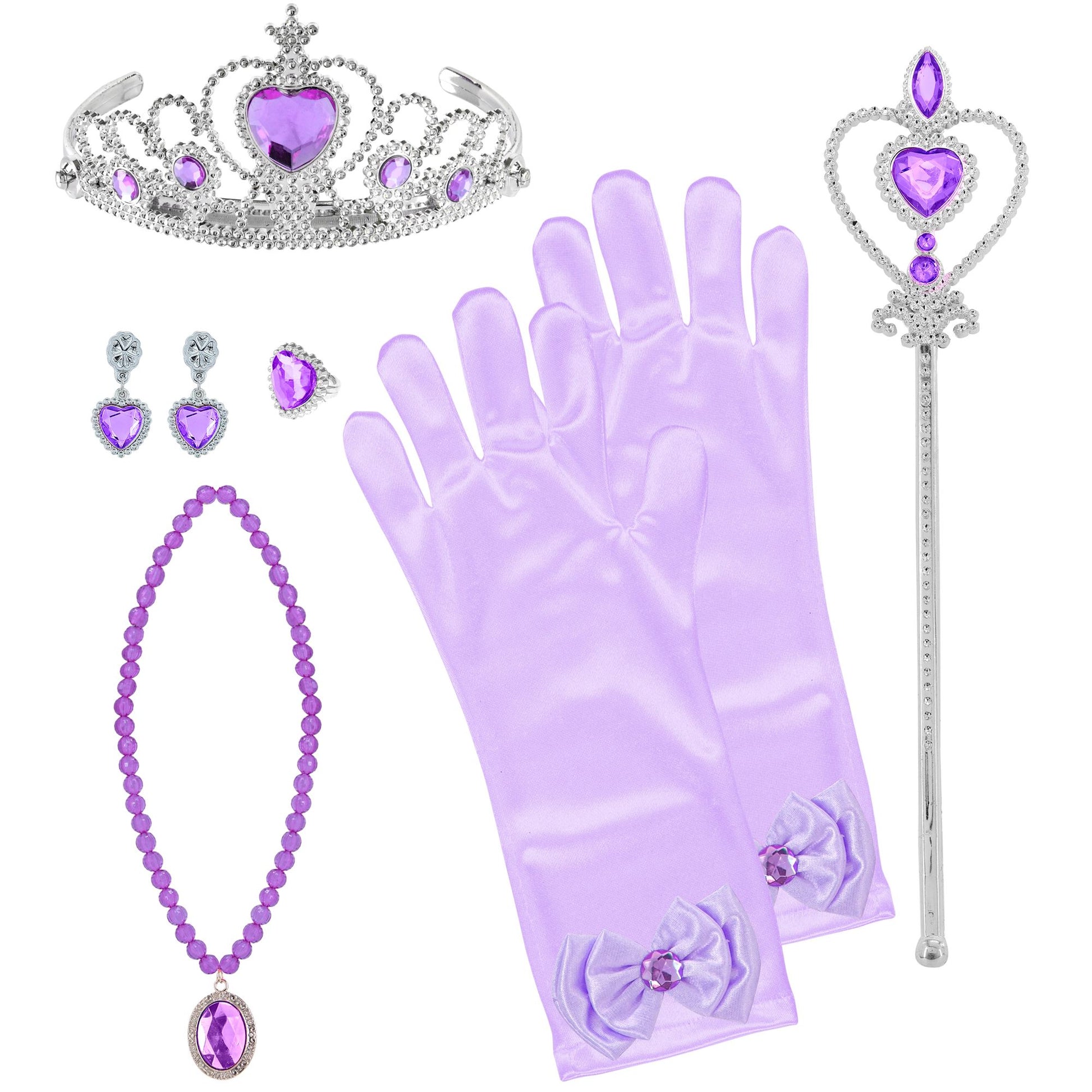 "PRINZESSIN SET (Tiara, Handschuhe, Halskette, Ohrringe, Zauberstab) – Vorderansicht