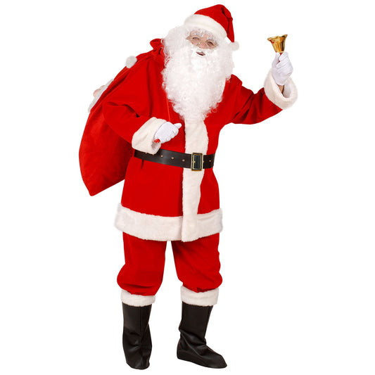 "PROFESSIONELLER WEIHNACHTSMANN" (Jacke, Hose, Gürtel, Stiefelüberzieher und Hut mit Plüschrand) in Schachtel mit Fenster – Vorderansicht
