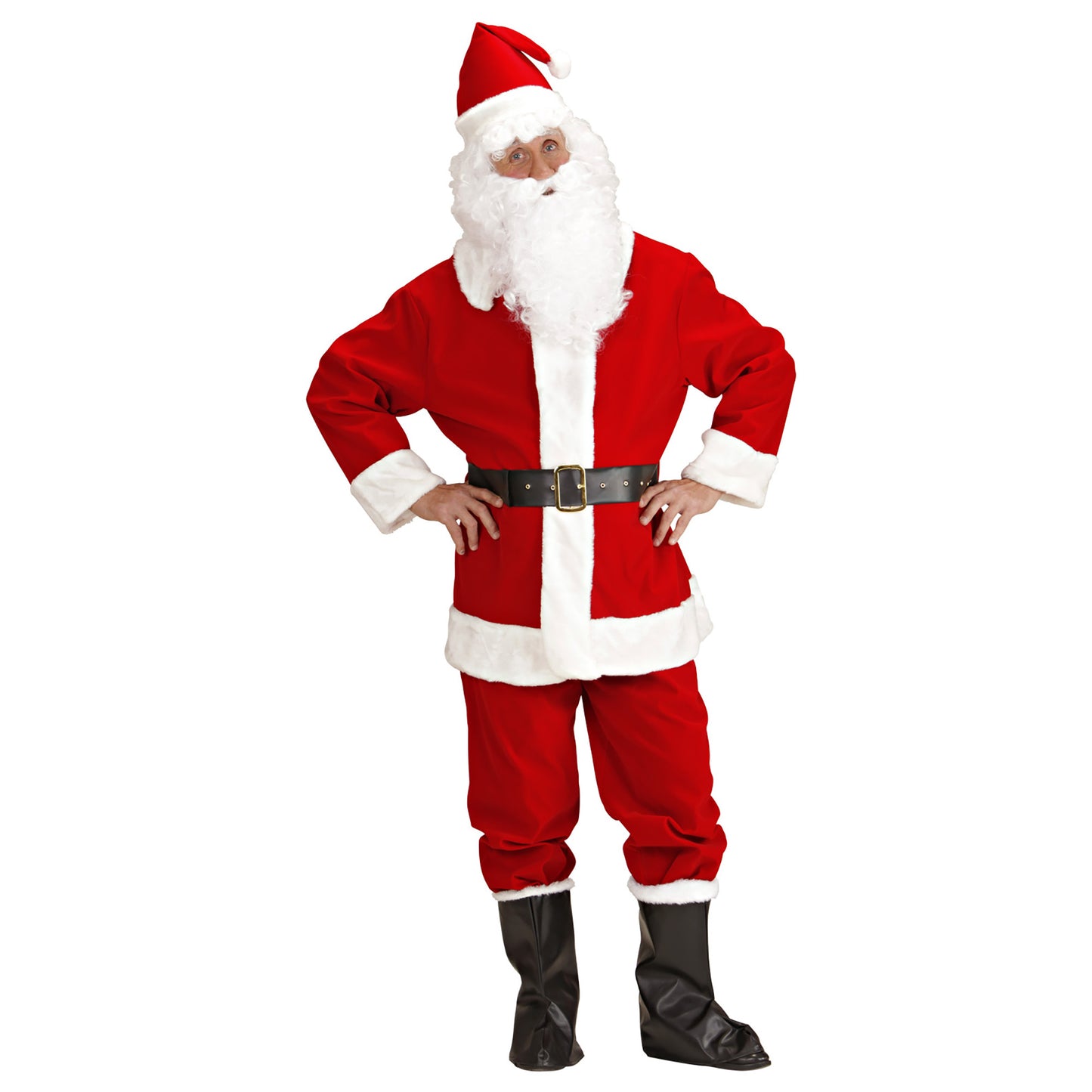 "PROFESSIONELLER WEIHNACHTSMANN" (Jacke, Hose, Gürtel, Stiefelüberzieher und Hut mit Plüschrand) in Schachtel mit Fenster – Detailansicht