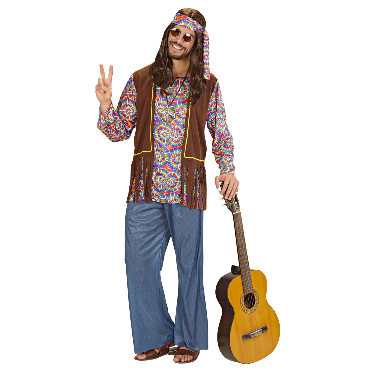"PSYCHEDELIC HIPPIE MAN" (Hemd mit Weste, Hose, Stirnband, Kette) – Vorderansicht