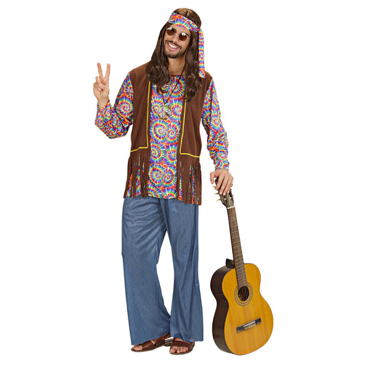 "PSYCHEDELIC HIPPIE MAN" (Hemd mit Weste, Hose, Stirnband, Kette) – Vorderansicht