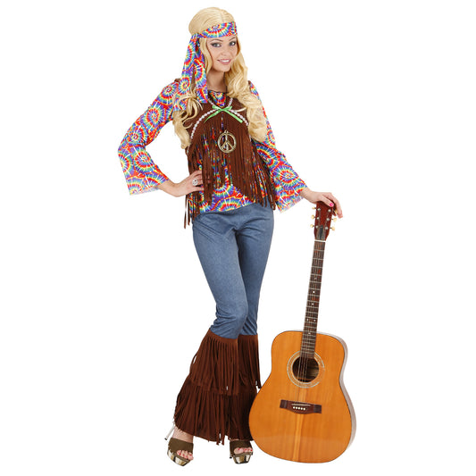 "PSYCHEDELIC HIPPIE WOMAN" (Shirt mit Weste, Hose, Stirnband, Kette) – Vorderansicht