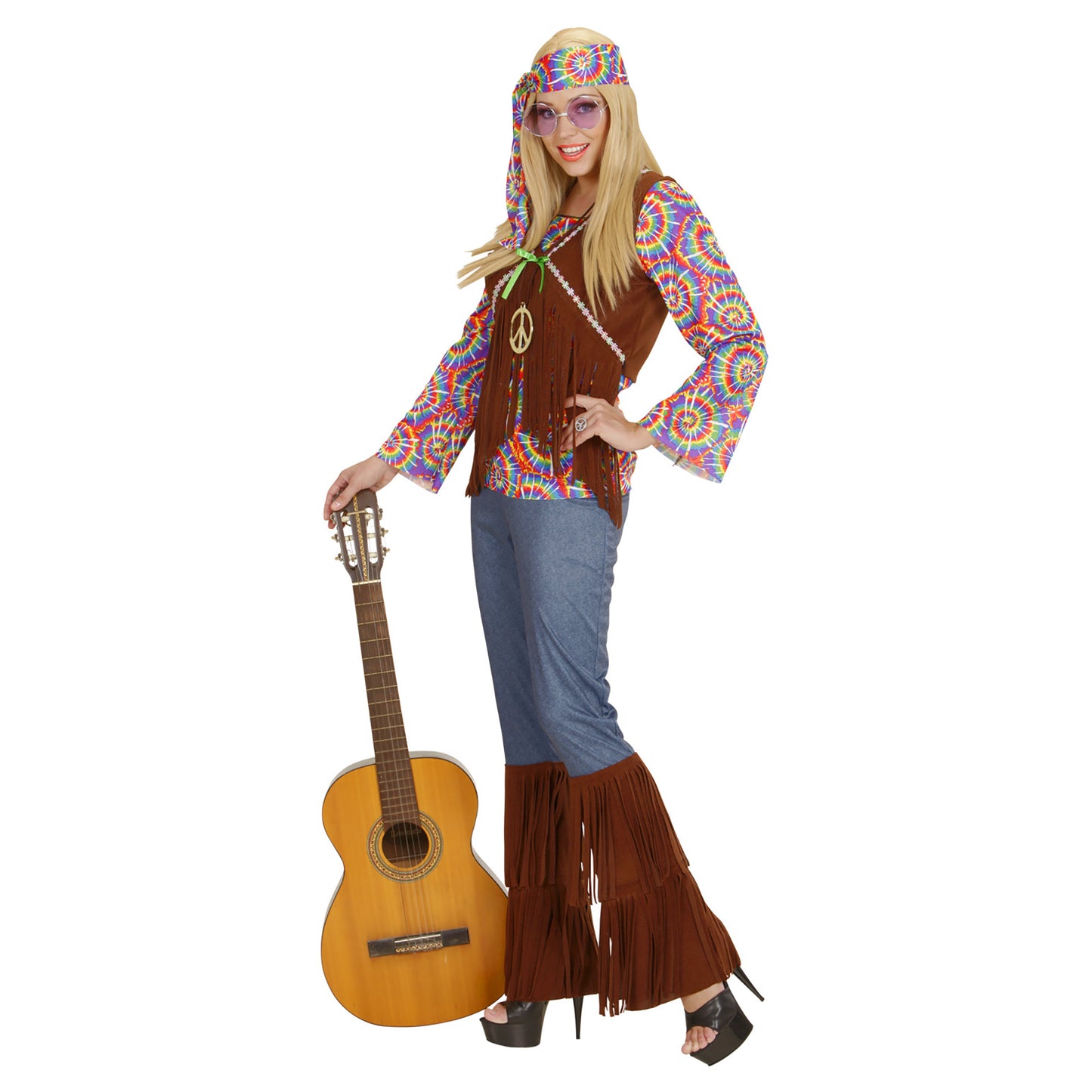 "PSYCHEDELIC HIPPIE WOMAN" (Shirt mit Weste, Hose, Stirnband, Kette) – Detailansicht