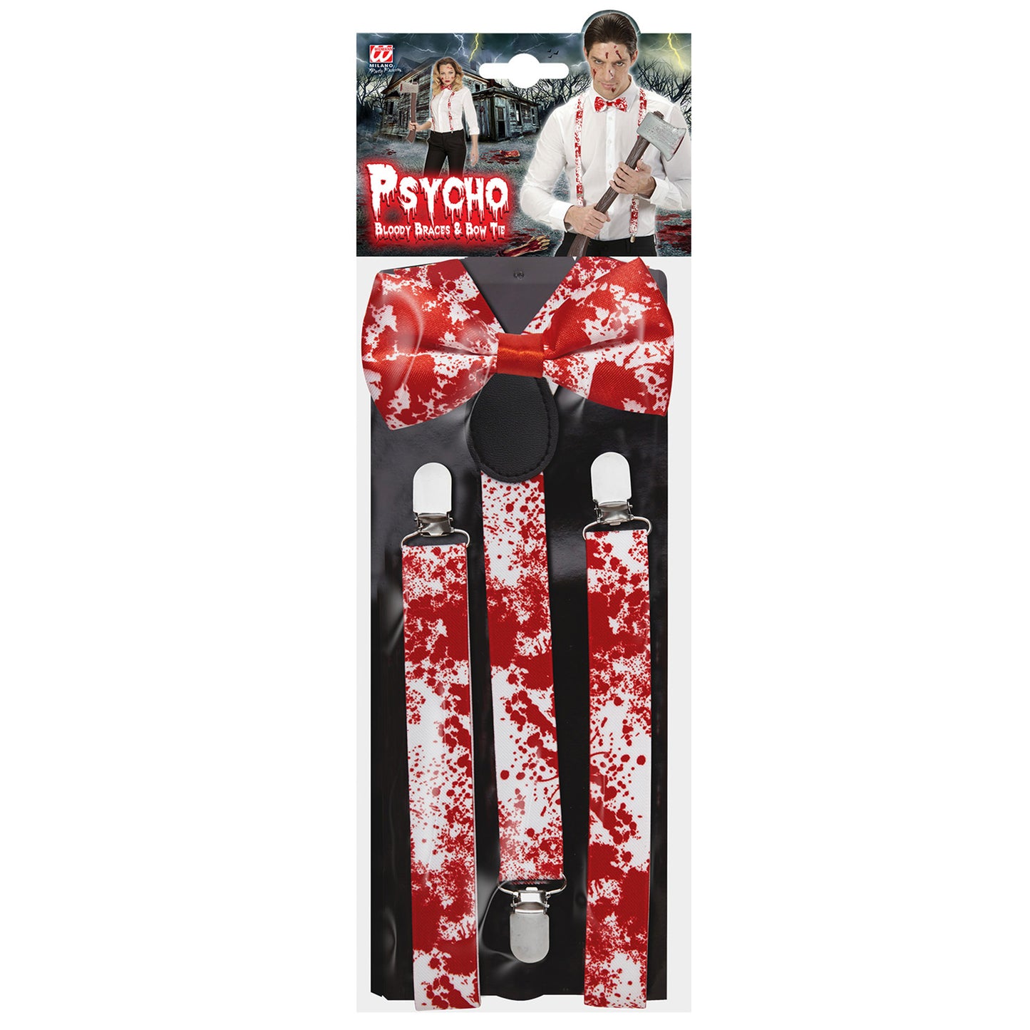 "PSYCHO SET" (Blutige Hosenträger & Fliege) – Detailansicht