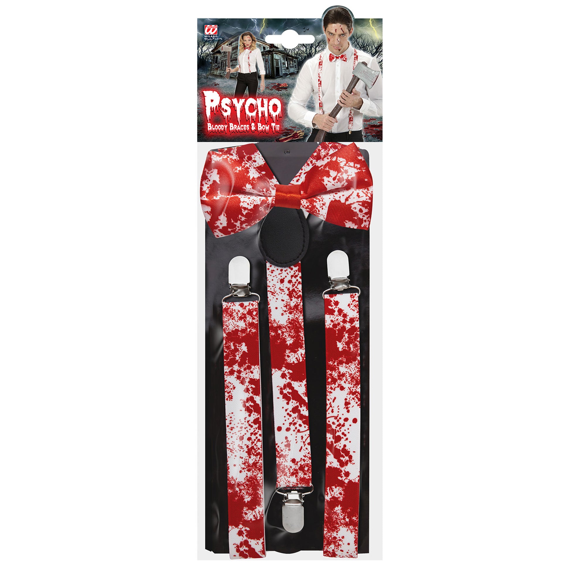 "PSYCHO SET" (Blutige Hosenträger & Fliege) – Detailansicht