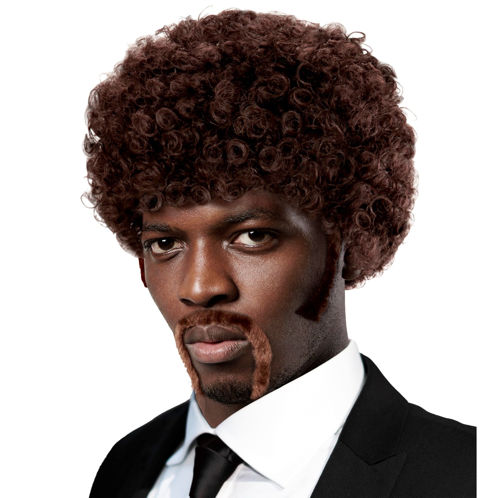 "PULP FICTION AFRO PERÜCKE MIT KOTELETTEN UND SCHNURRBART" in Box – Vorderansicht