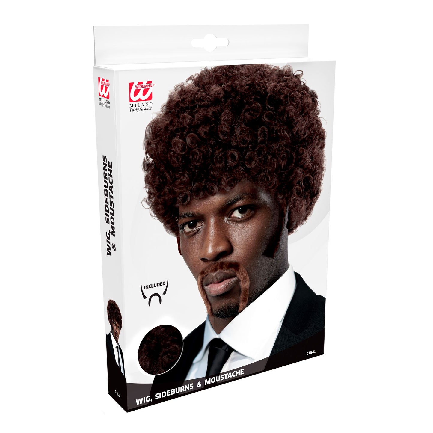 "PULP FICTION AFRO PERÜCKE MIT KOTELETTEN UND SCHNURRBART" in Box – Detailansicht