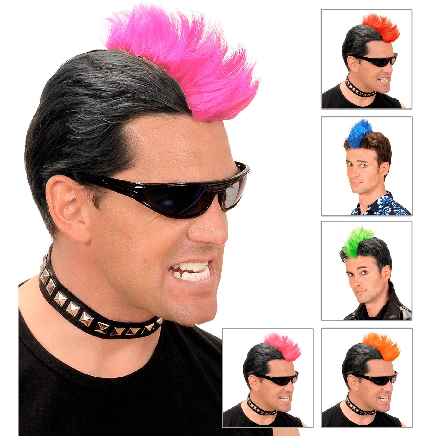 "PUNK IROKESE MIT CLIPS" sort. In 6 Farben: rot, blau, grün, rosa, orange, violett – Vorderansicht
