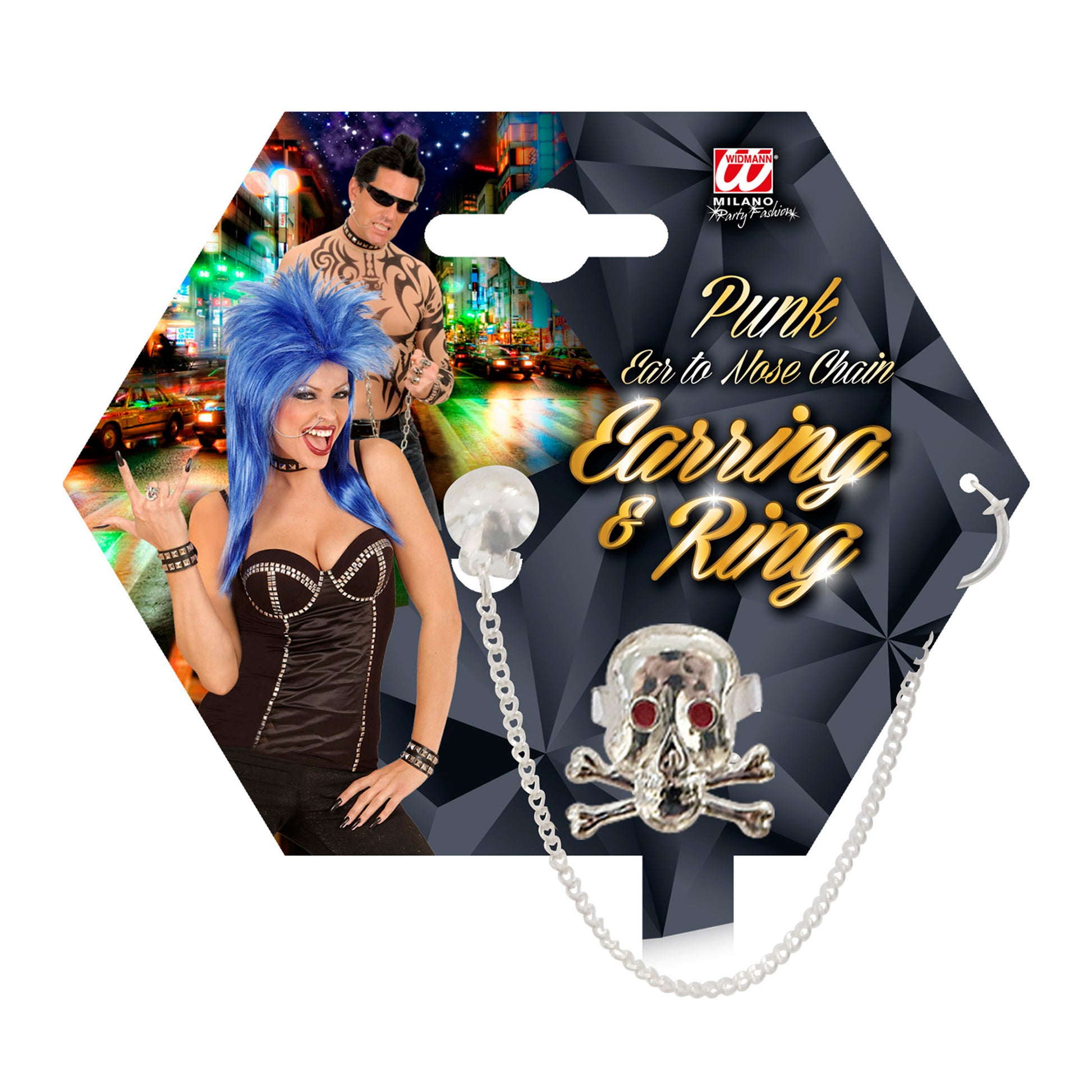 "PUNK" Set (Ohrring mit Ohr-Nase Kette, Schädel Ring) – Detailansicht