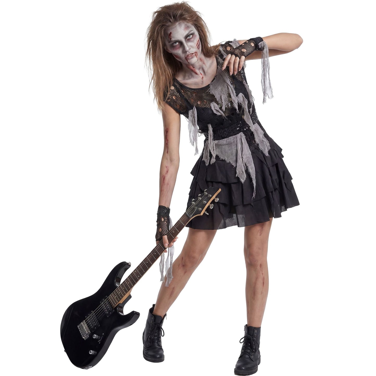 "PUNK ZOMBIE" (Kleid, Netzshirt, fingerlose Netzhandschuhe) – Detailansicht