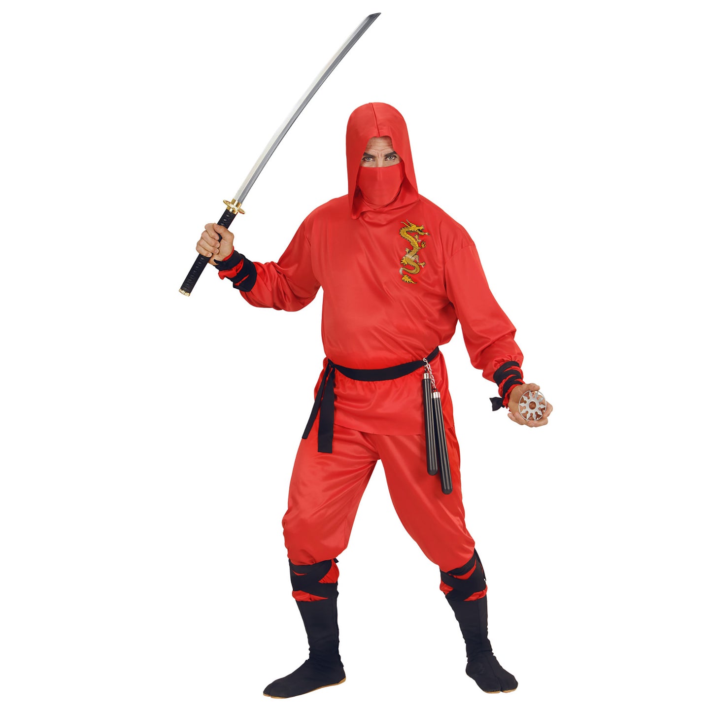 "RED DRAGON NINJA" (Oberteil mit Kapuze, Hose, Gürtel, Gesichtsmaske,Arm- und Beinbänder) – Vorderansicht