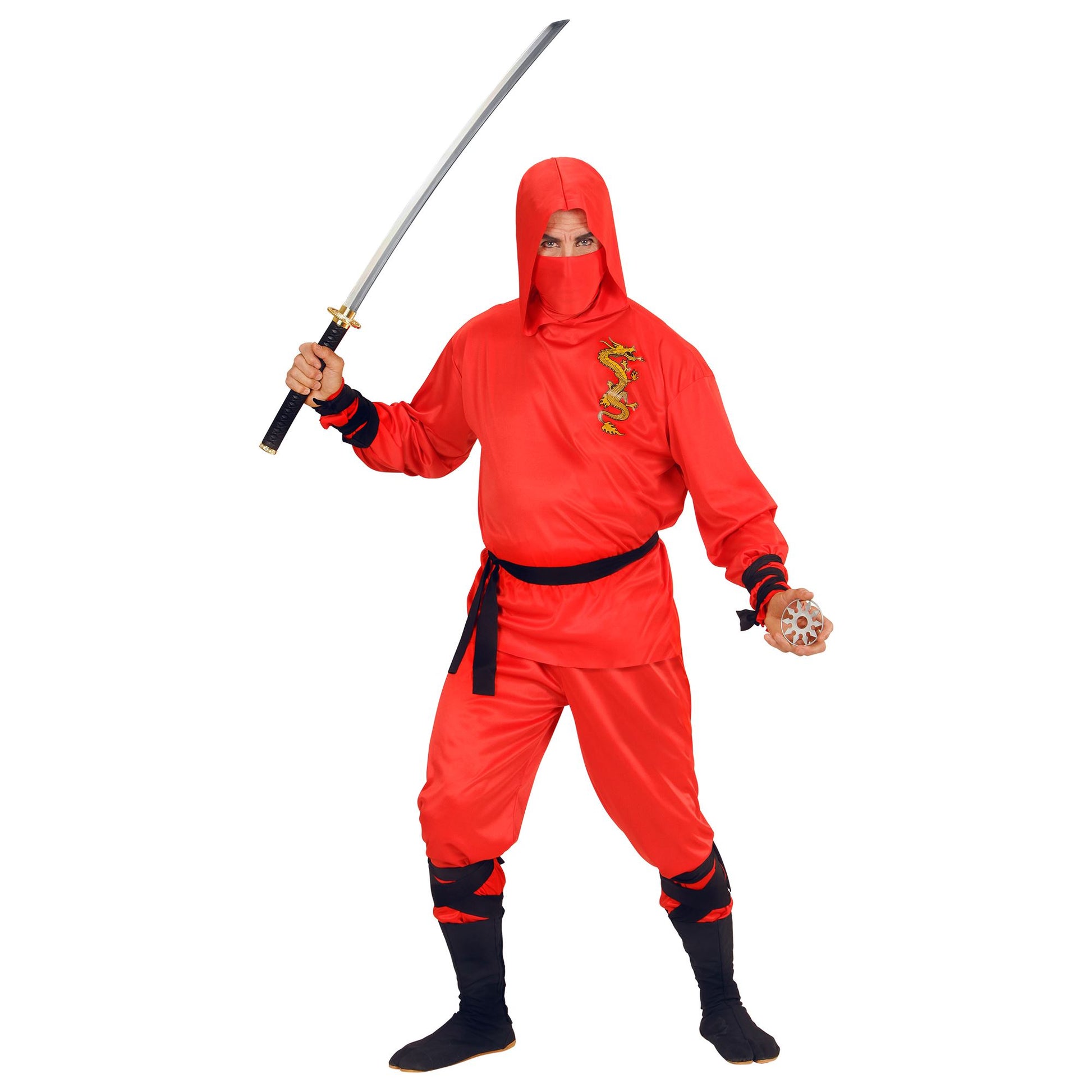 "RED DRAGON NINJA" (Oberteil mit Kapuze, Hose, Gürtel, Gesichtsmaske,Arm- und Beinbänder) – Detailansicht