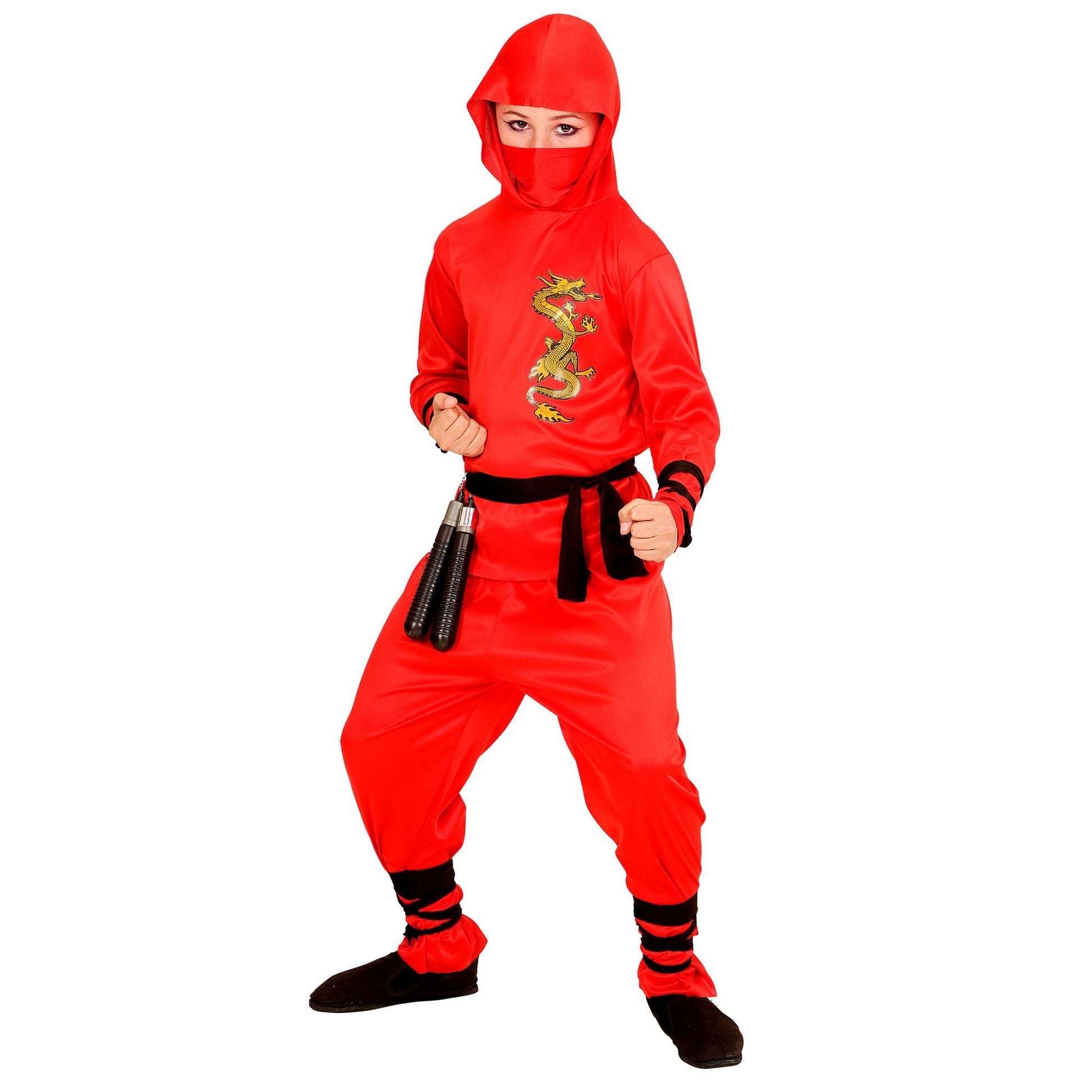 "RED DRAGON NINJA" (Oberteil mit Kapuze, Hose, Gürtel, Maske, Arm- und Beinbänder) – Vorderansicht