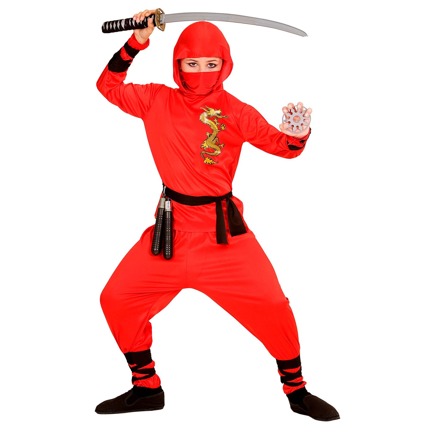 "RED DRAGON NINJA" (Oberteil mit Kapuze, Hose, Gürtel, Maske, Arm- und Beinbänder) – Detailansicht