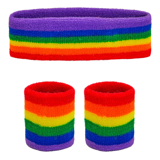 "REGENBOGEN SCHWEIßBÄNDER" (Stirnband und 2 Armbänder) – Vorderansicht