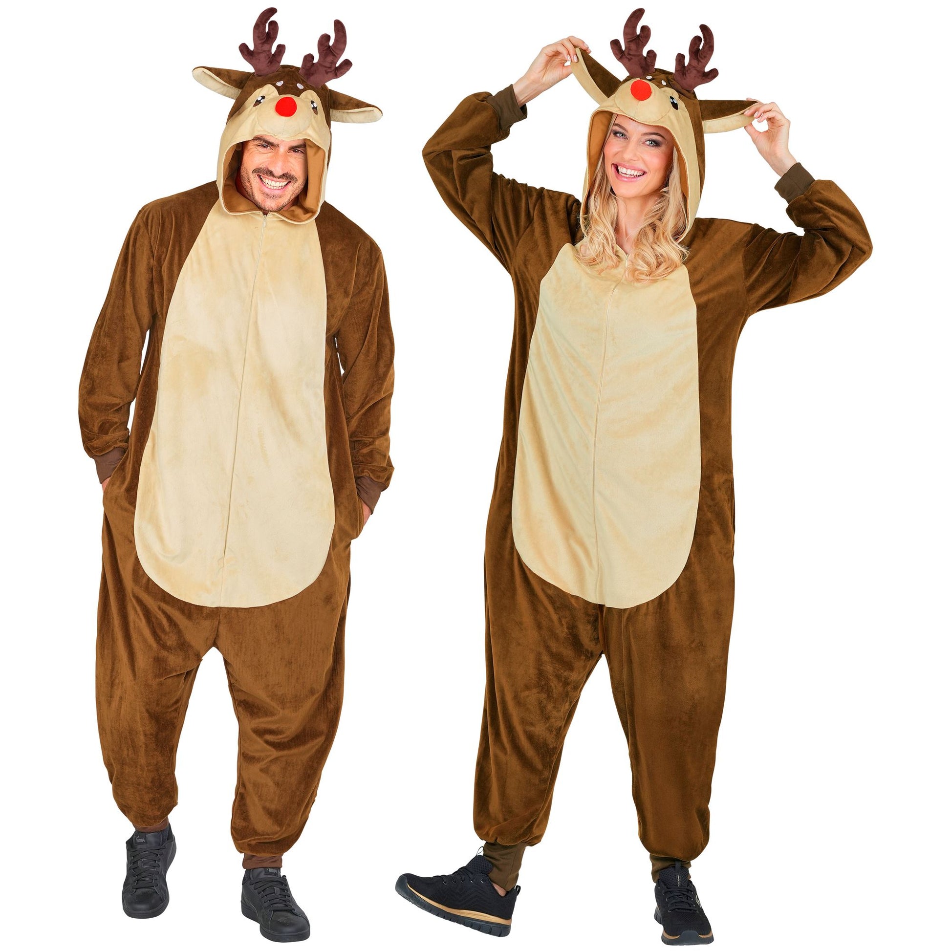 Widmann Plüsch Rentier Kostüm Overall Onesie mit Kapuze Braun – Produktansicht