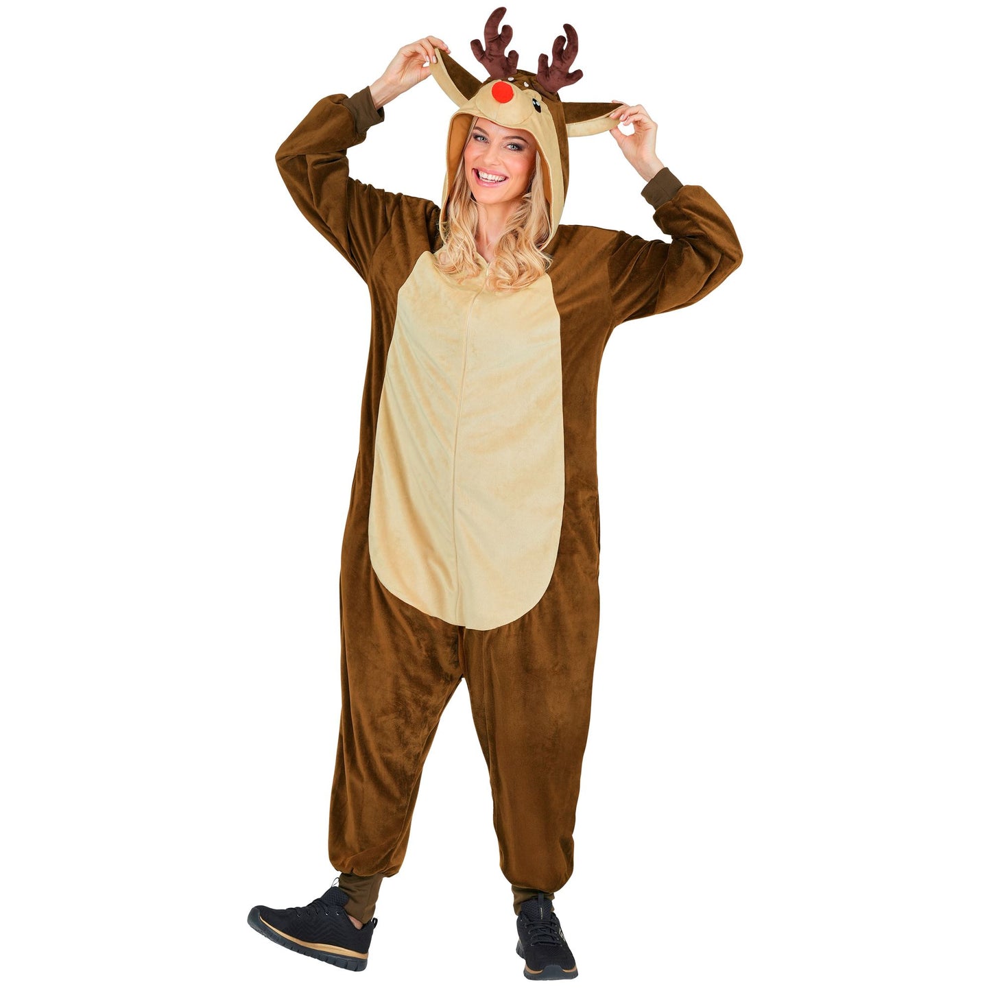 Widmann Plüsch Rentier Kostüm Overall Onesie mit Kapuze Braun – Seitenansicht