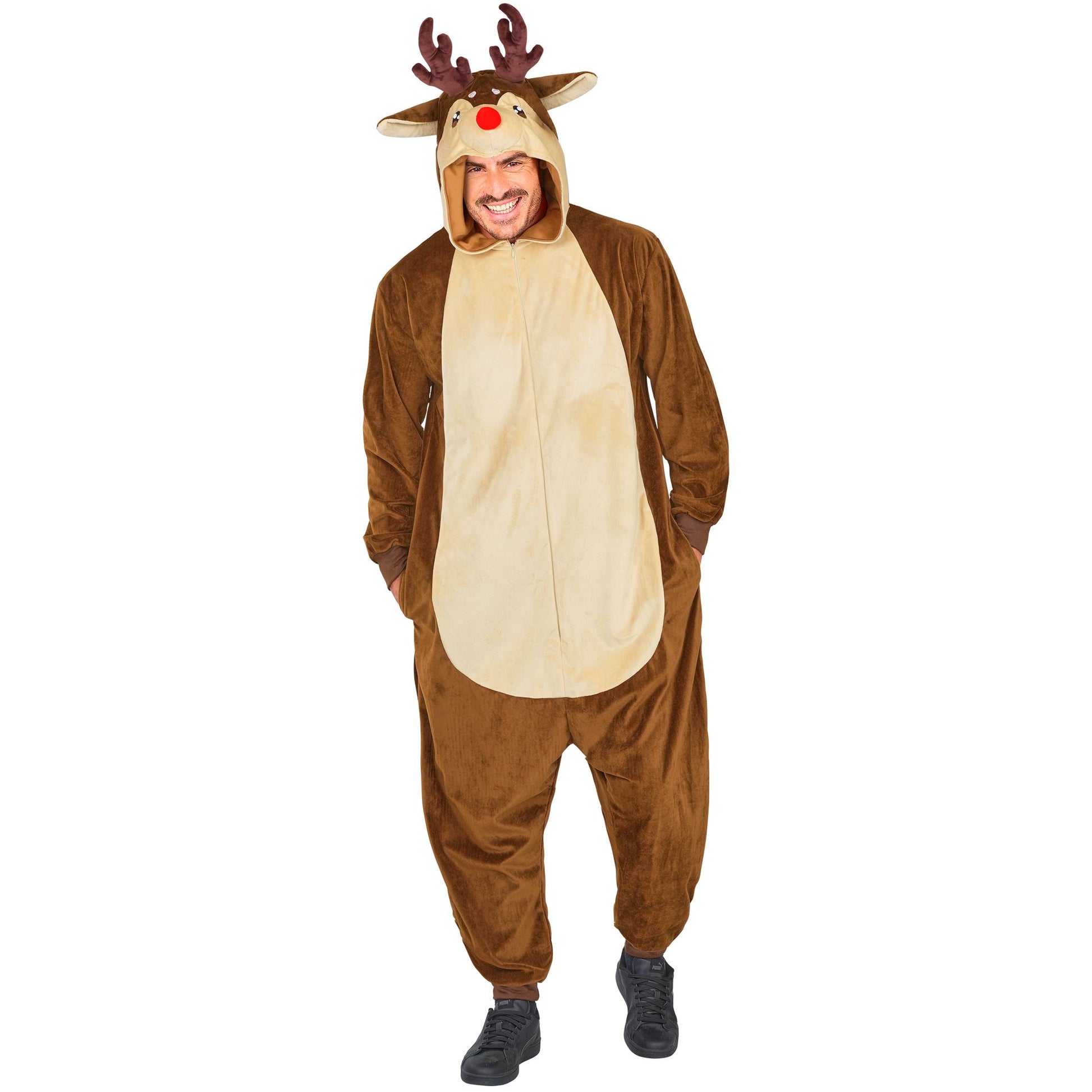 Widmann Plüsch Rentier Kostüm Overall Onesie mit Kapuze Braun – Rückansicht