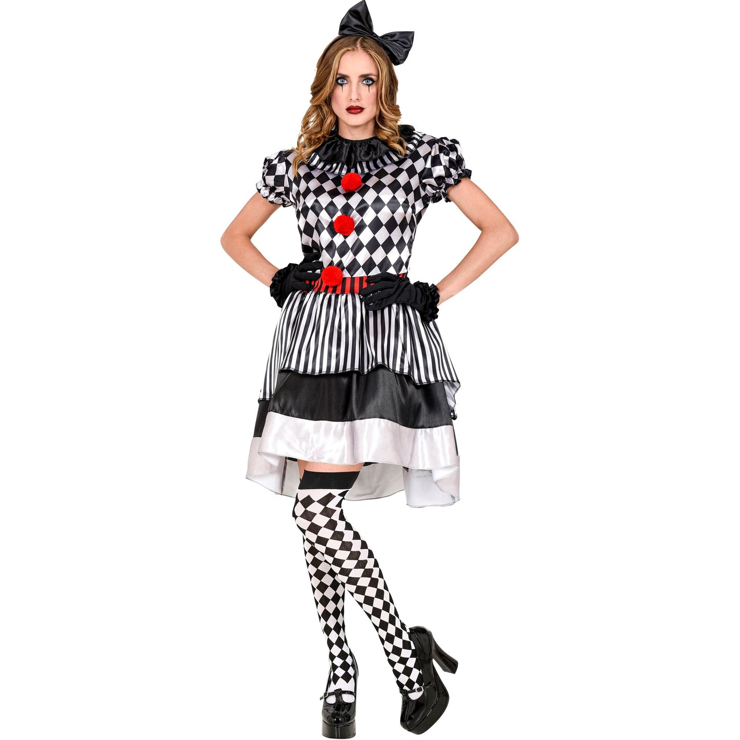 "RETRO CLOWN" (Kleid mit Clownkragen, Haarschleife, Handschuhe) – Detailansicht